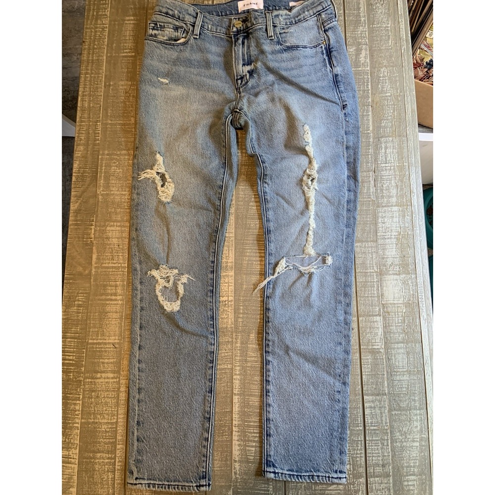 Frame Jeans Womens 26 (26x26) Blue Denim Le Garcon Distressed Stretchy Skinny